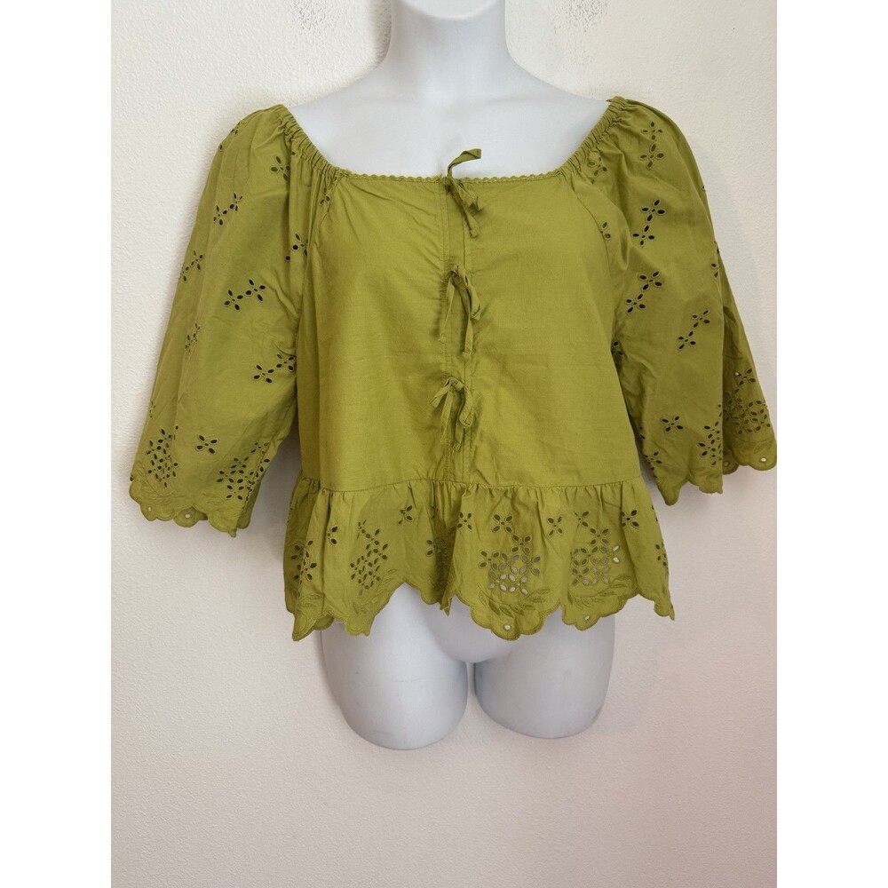 Calligraphie Blouse Ruffle 3/4 Sleeve  Festival Boho Cropped Green Fall M Eyelet
